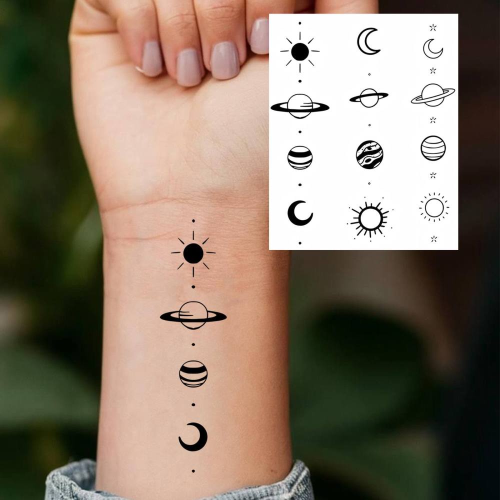 1 Sheet Star Planet Temporary Tattoos For Women Men Adults Hands Finger Foot Neck Clavicle Legs Thigh Forearm Shank Arm Body Art Makeup, Semi Permanent Temp Fake Tattoo Stickers Waterproof Long Lasting Realistic Tatoos For Festival Party Accessory