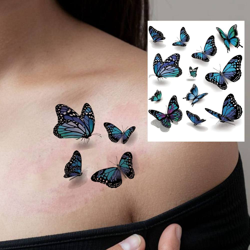 1 Sheet Butterfly Temporary Tattoos For Women Men Adults Hands Finger Foot Neck Clavicle Legs Thigh Forearm Shank Arm Body Art Makeup, Semi Permanent Temp Fake Tattoo Stickers Waterproof Long Lasting Realistic Tatoos For Festival Party Accessory