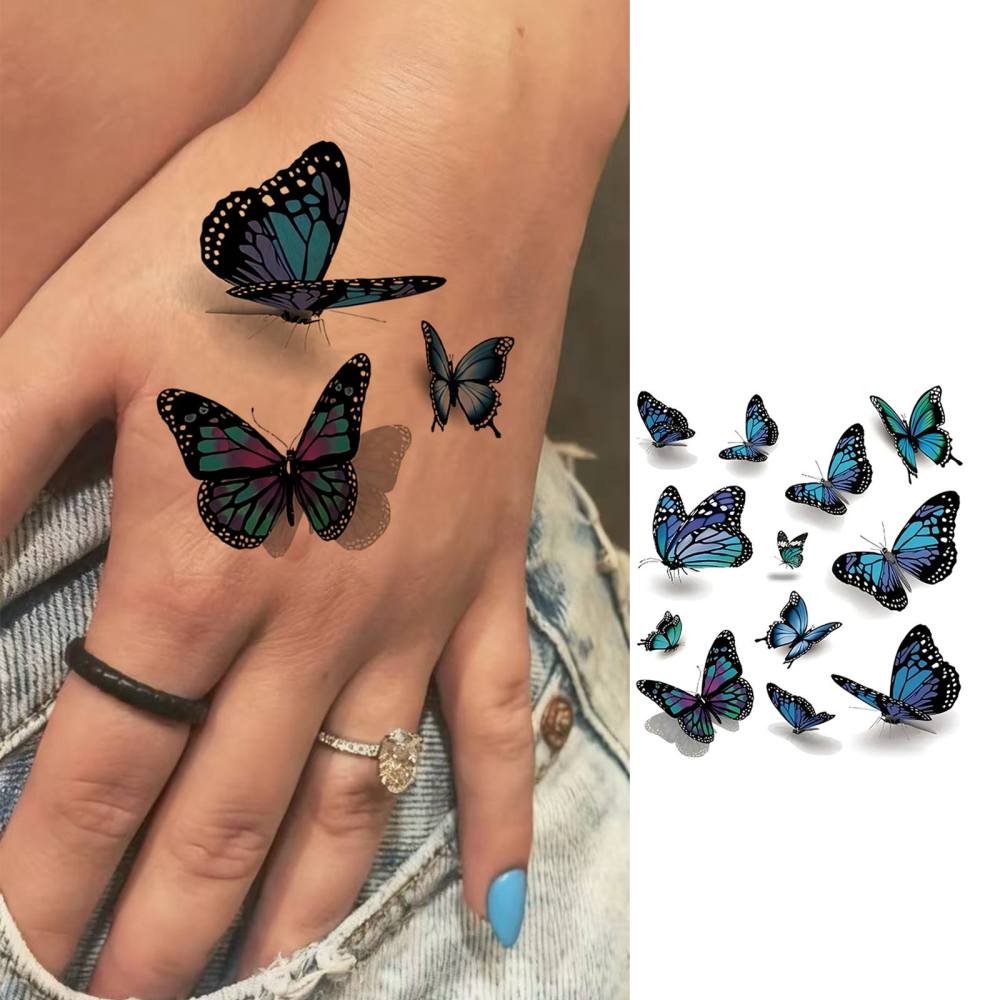 1 Sheet Butterfly Temporary Tattoos For Women Men Adults Hands Finger Foot Neck Clavicle Legs Thigh Forearm Shank Arm Body Art Makeup, Semi Permanent Temp Fake Tattoo Stickers Waterproof Long Lasting Realistic Tatoos For Festival Party Accessory