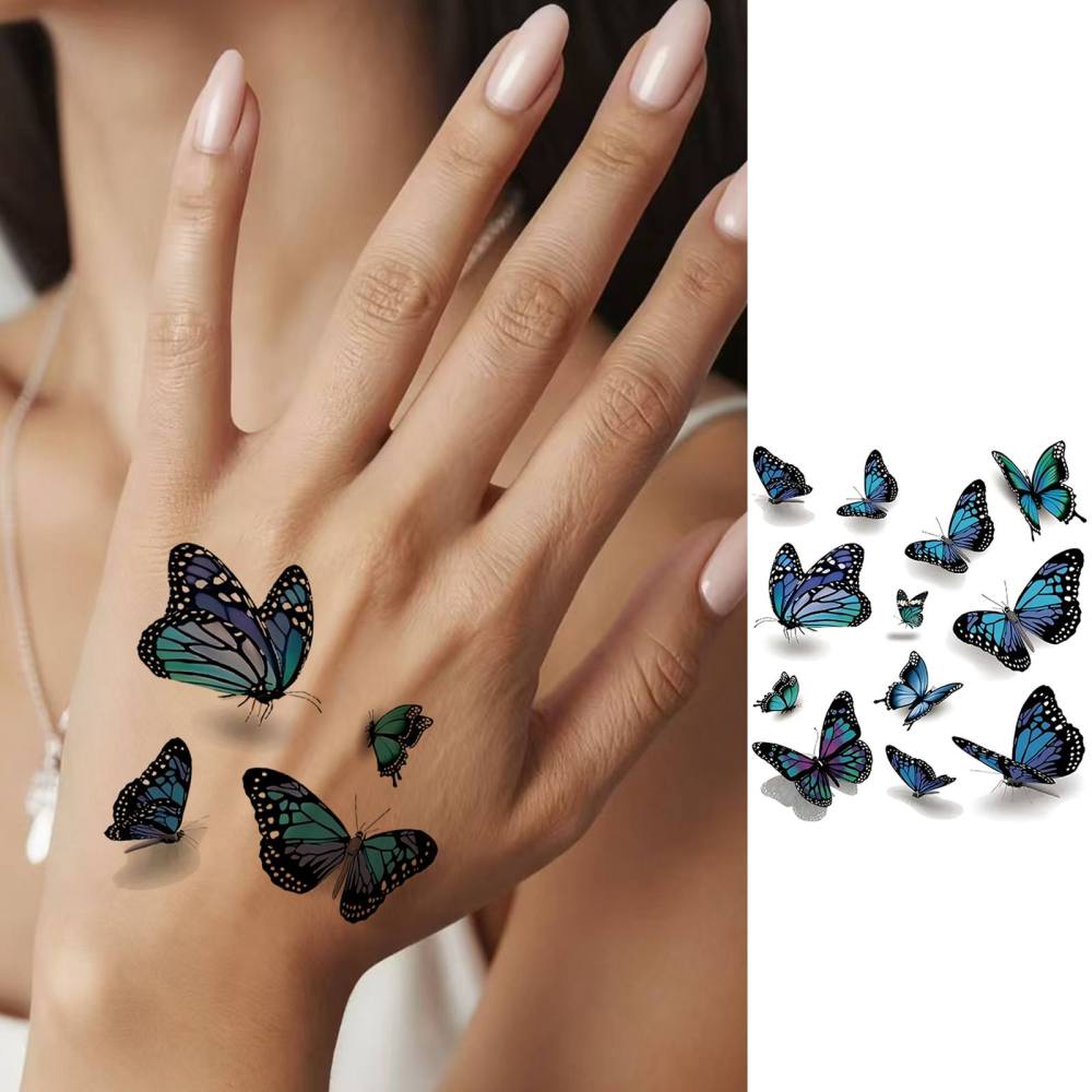 1 Sheet Butterfly Temporary Tattoos For Women Men Adults Hands Finger Foot Neck Clavicle Legs Thigh Forearm Shank Arm Body Art Makeup, Semi Permanent Temp Fake Tattoo Stickers Waterproof Long Lasting Realistic Tatoos For Festival Party Accessory