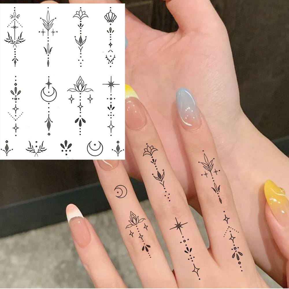 1 Sheet Y2k Moon Lotus Temporary Tattoos For Women Men Adults Hands Finger Foot Neck Clavicle Legs Thigh Forearm Shank Arm Body Art Makeup, Semi Permanent Temp Fake Tattoo Stickers Waterproof Long Lasting Realistic Tatoos For Festival Party Accessory