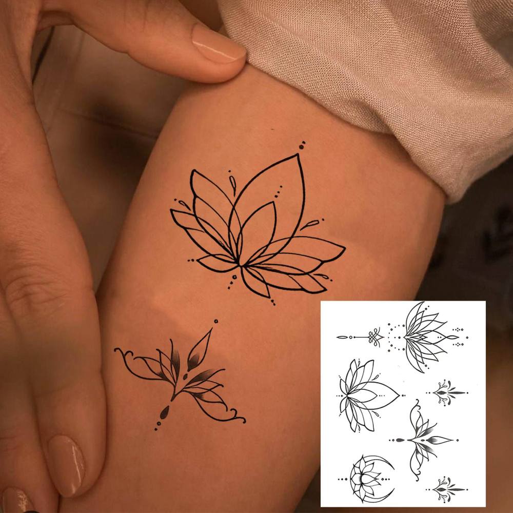 1 Sheet Y2k Lotus Temporary Tattoos For Women Men Adults Hands Finger Foot Neck Clavicle Legs Thigh Forearm Shank Arm Body Art Makeup, Semi Permanent Temp Fake Tattoo Stickers Waterproof Long Lasting Realistic Tatoos For Festival Party Accessory