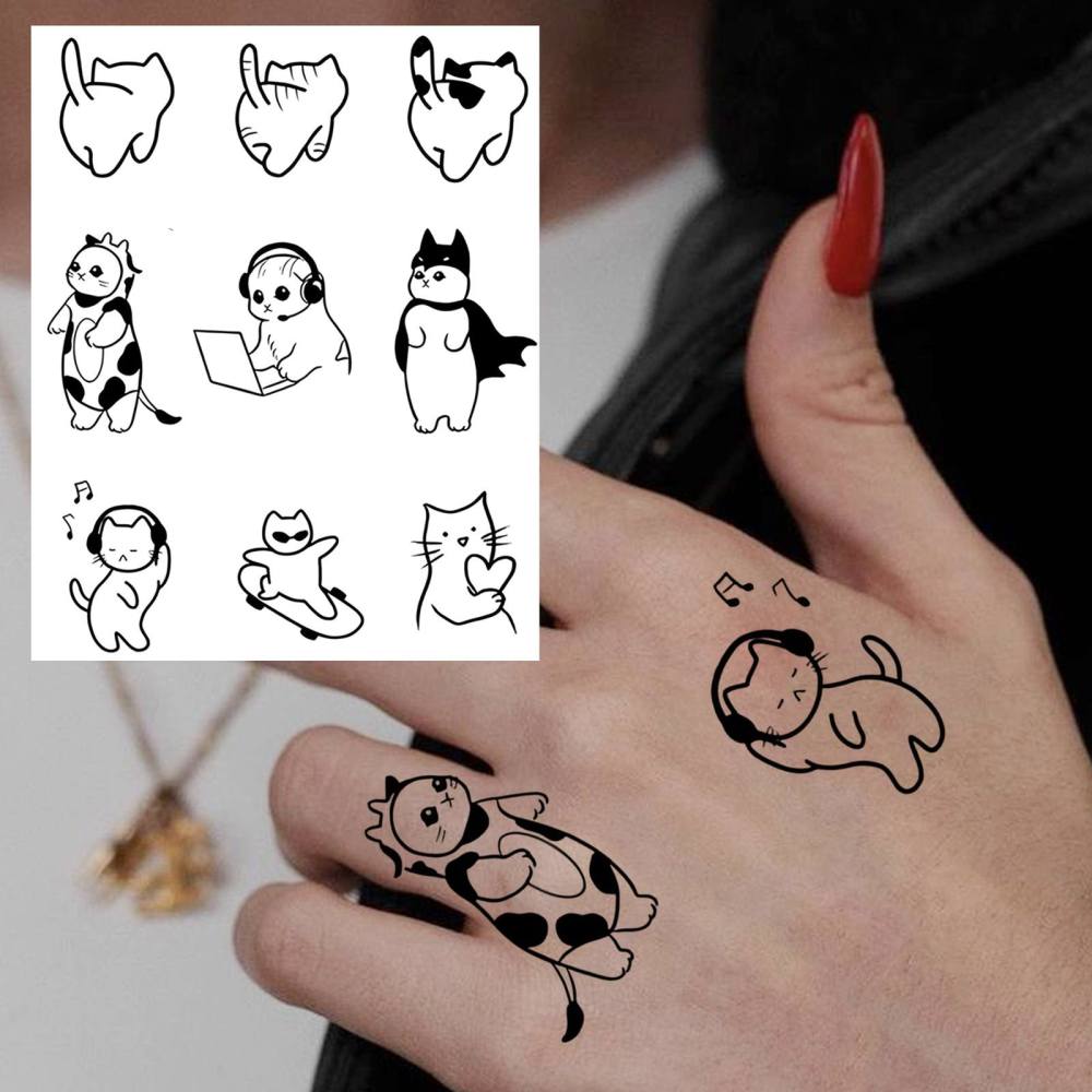 1 Sheet Y2k Cat Temporary Tattoos For Women Men Adults Hands Finger Foot Neck Clavicle Legs Thigh Forearm Shank Arm Body Art Makeup, Semi Permanent Temp Fake Tattoo Stickers Waterproof Long Lasting Realistic Tatoos For Festival Party Accessory