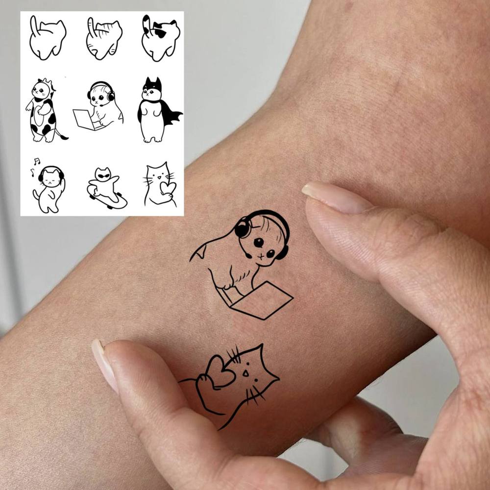 1 Sheet Y2k Cat Temporary Tattoos For Women Men Adults Hands Finger Foot Neck Clavicle Legs Thigh Forearm Shank Arm Body Art Makeup, Semi Permanent Temp Fake Tattoo Stickers Waterproof Long Lasting Realistic Tatoos For Festival Party Accessory