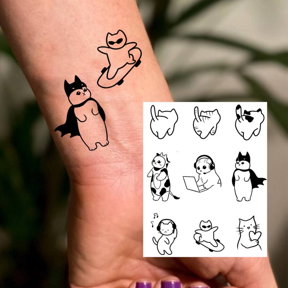 1 Sheet Y2k Cat Temporary Tattoos For Women Men Adults Hands Finger Foot Neck Clavicle Legs Thigh Forearm Shank Arm Body Art Makeup, Semi Permanent Temp Fake Tattoo Stickers Waterproof Long Lasting Realistic Tatoos For Festival Party Accessory