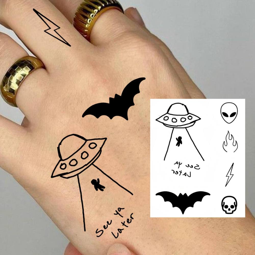1 Sheet Y2k ufo alien Temporary Tattoos For Women Men Adults Hands Finger Foot Neck Clavicle Legs Thigh Forearm Shank Arm Body Art Makeup, Semi Permanent Temp Fake Tattoo Stickers Waterproof Long Lasting Realistic Tatoos For Festival Party Accessory