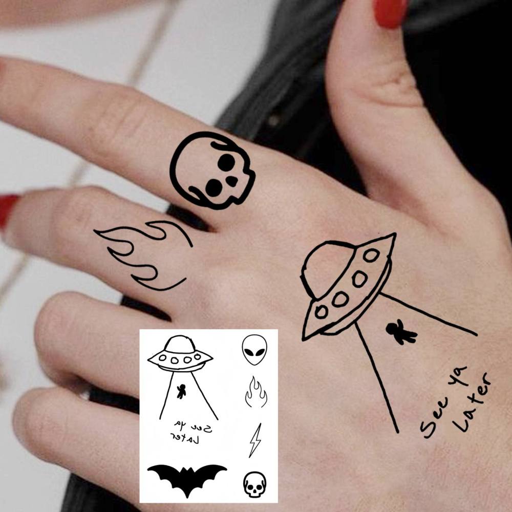 1 Sheet Y2k ufo alien Temporary Tattoos For Women Men Adults Hands Finger Foot Neck Clavicle Legs Thigh Forearm Shank Arm Body Art Makeup, Semi Permanent Temp Fake Tattoo Stickers Waterproof Long Lasting Realistic Tatoos For Festival Party Accessory