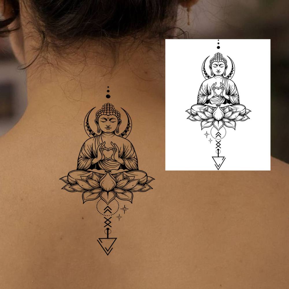 1 Sheet Y2k Buddha Temporary Tattoos For Women Men Adults Hands Finger Foot Neck Clavicle Legs Thigh Forearm Shank Arm Body Art Makeup, Semi Permanent Temp Fake Tattoo Stickers Waterproof Long Lasting Realistic Tatoos For Festival Party Accessory