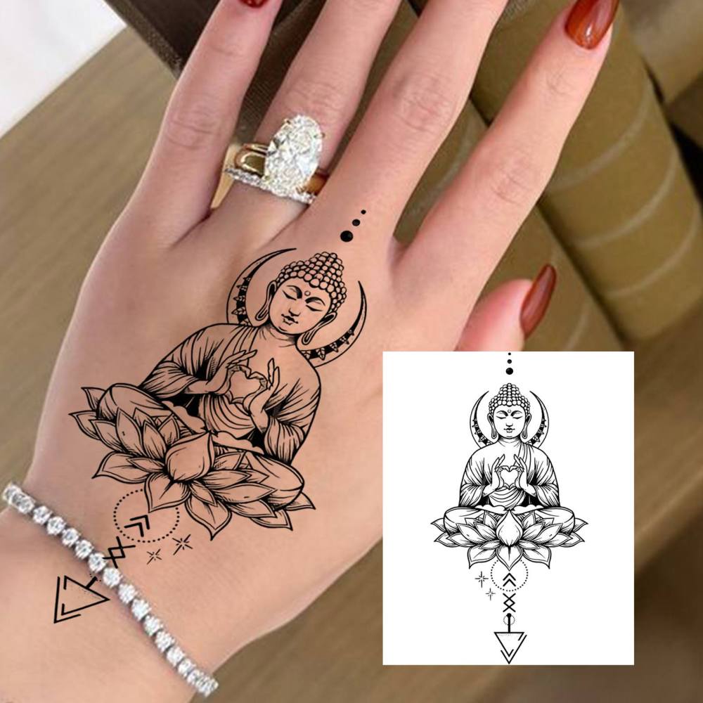 1 Sheet Y2k Buddha Temporary Tattoos For Women Men Adults Hands Finger Foot Neck Clavicle Legs Thigh Forearm Shank Arm Body Art Makeup, Semi Permanent Temp Fake Tattoo Stickers Waterproof Long Lasting Realistic Tatoos For Festival Party Accessory