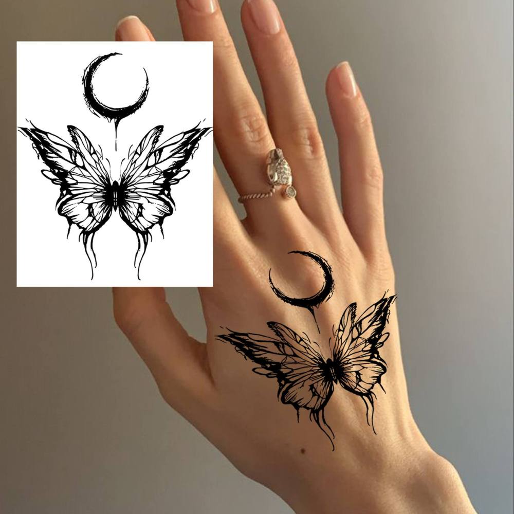 1 Sheet Y2k Butterlfy Moon Temporary Tattoos For Women Men Adults Hands Finger Foot Neck Clavicle Legs Thigh Forearm Shank Arm Body Art Makeup, Semi Permanent Temp Fake Tattoo Stickers Waterproof Long Lasting Realistic Tatoos For Festival Party Accessory