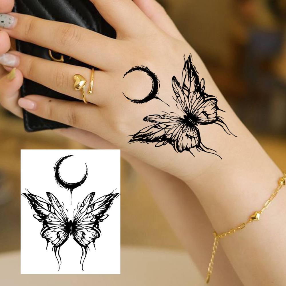 1 Sheet Y2k Butterlfy Moon Temporary Tattoos For Women Men Adults Hands Finger Foot Neck Clavicle Legs Thigh Forearm Shank Arm Body Art Makeup, Semi Permanent Temp Fake Tattoo Stickers Waterproof Long Lasting Realistic Tatoos For Festival Party Accessory