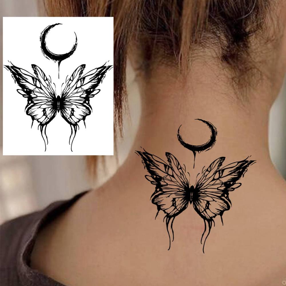 1 Sheet Y2k Butterlfy Moon Temporary Tattoos For Women Men Adults Hands Finger Foot Neck Clavicle Legs Thigh Forearm Shank Arm Body Art Makeup, Semi Permanent Temp Fake Tattoo Stickers Waterproof Long Lasting Realistic Tatoos For Festival Party Accessory