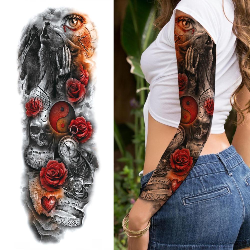 12 Sheets Full Arm Sleeve Animals  Flower Temporary Tattoos For Women Men Adults Hands Finger Foot Neck Clavicle Legs Thigh Arm Body Art Makeup, Semi Permanent Temp Fake Tattoo Stickers Waterproof Long Lasting Realistic Tatoos For Festival Party Accessory