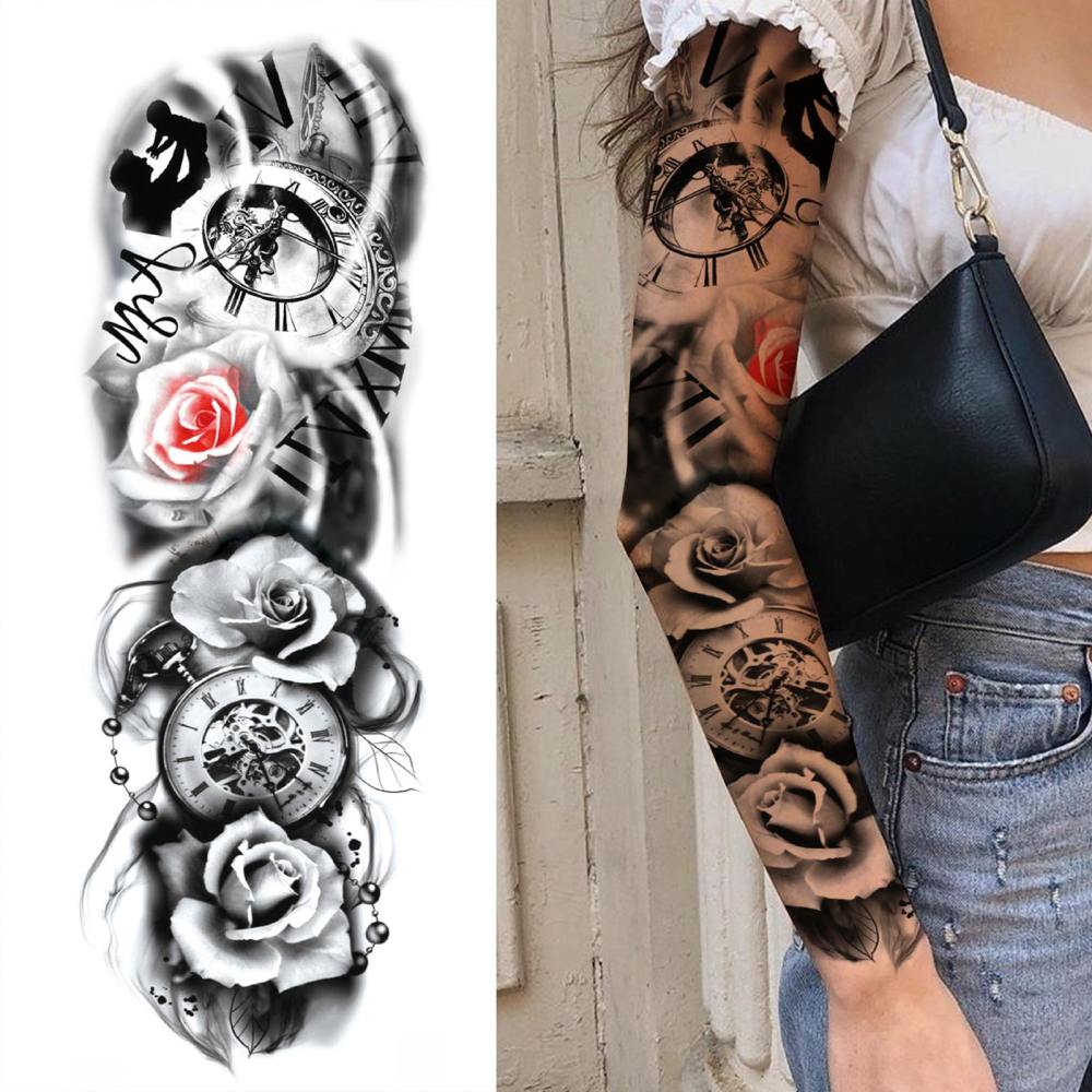 12 Sheets Full Arm Sleeve Animals  Flower Temporary Tattoos For Women Men Adults Hands Finger Foot Neck Clavicle Legs Thigh Arm Body Art Makeup, Semi Permanent Temp Fake Tattoo Stickers Waterproof Long Lasting Realistic Tatoos For Festival Party Accessory