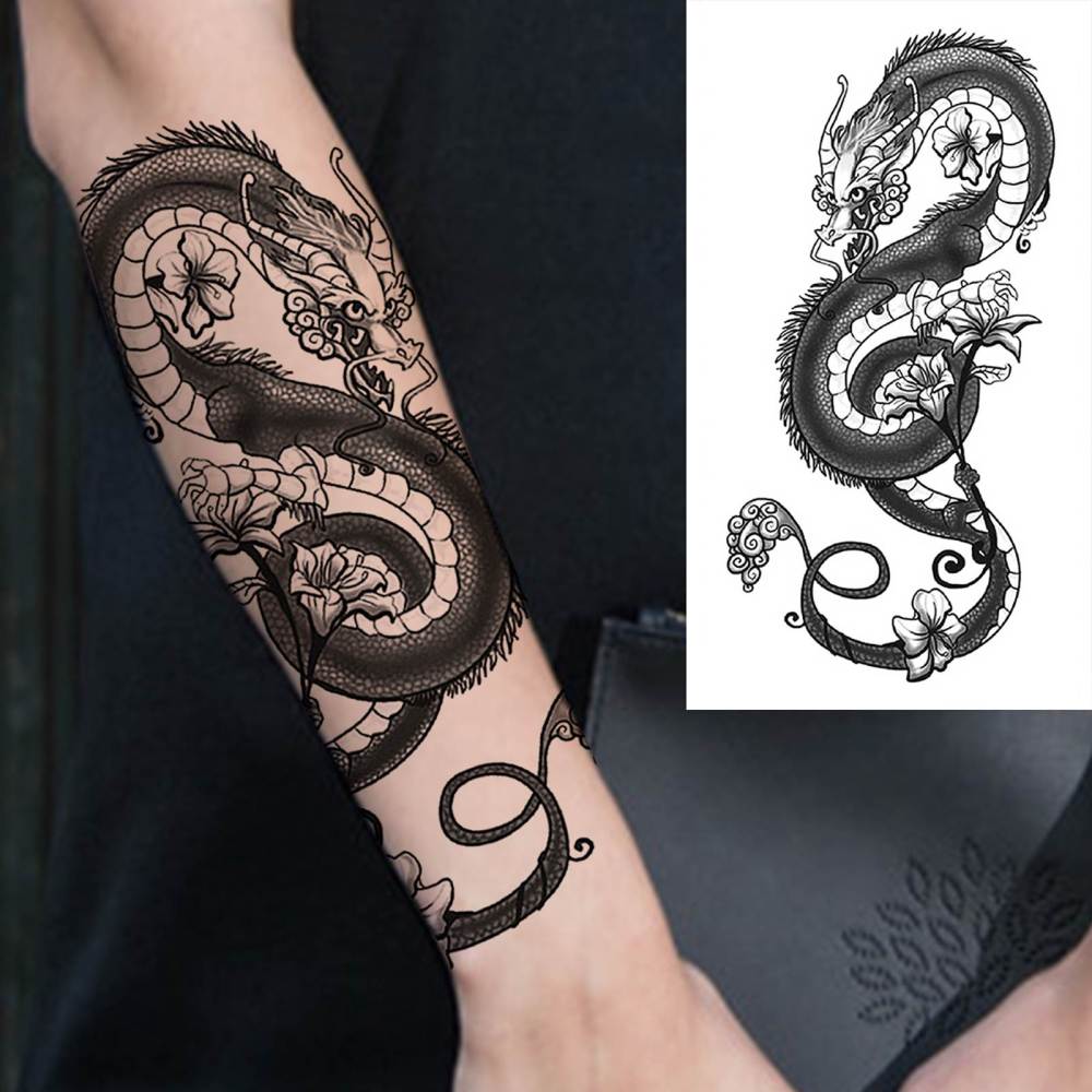 8 Sheets Dragon Temporary Tattoos For Women Men Adults Hands Finger Foot Neck Clavicle Shank Arm Body Art Makeup, Semi Permanent Temp Fake Tattoo Stickers Waterproof Long Lasting Realistic Tatoos For Festival Party Accessory