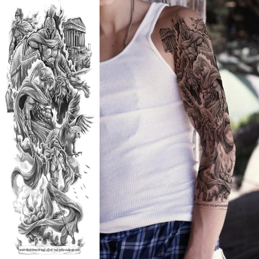 11 Sheets Full Arm Sleeve Zeus Warrior Temporary Tattoos For Women Men Adults Hands Finger Foot Legs Thigh Arm Body Art Makeup, Semi Permanent Temp Fake Tattoo Stickers Waterproof Long Lasting Realistic Tatoos For Festival Party Accessory