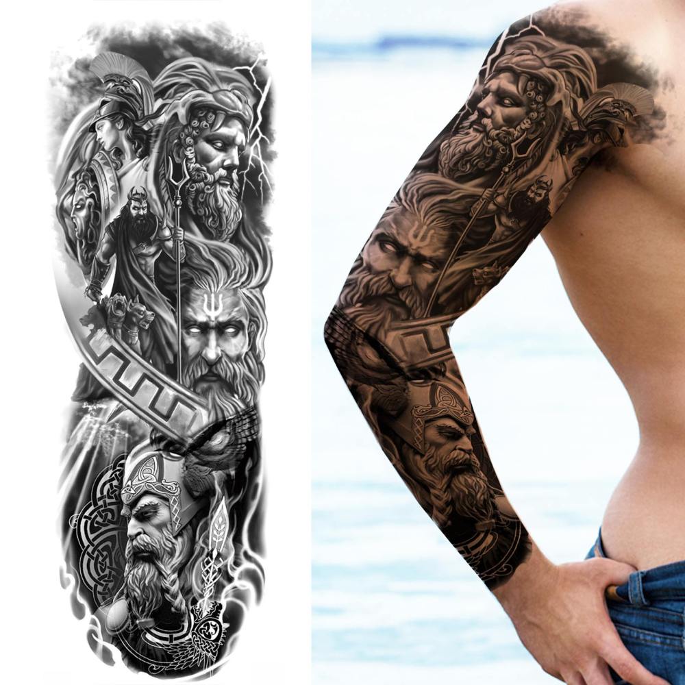 11 Sheets Full Arm Sleeve Zeus Warrior Temporary Tattoos For Women Men Adults Hands Finger Foot Legs Thigh Arm Body Art Makeup, Semi Permanent Temp Fake Tattoo Stickers Waterproof Long Lasting Realistic Tatoos For Festival Party Accessory
