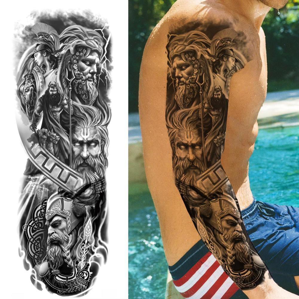 11 Sheets Full Arm Sleeve Zeus Warrior Temporary Tattoos For Women Men Adults Hands Finger Foot Legs Thigh Arm Body Art Makeup, Semi Permanent Temp Fake Tattoo Stickers Waterproof Long Lasting Realistic Tatoos For Festival Party Accessory