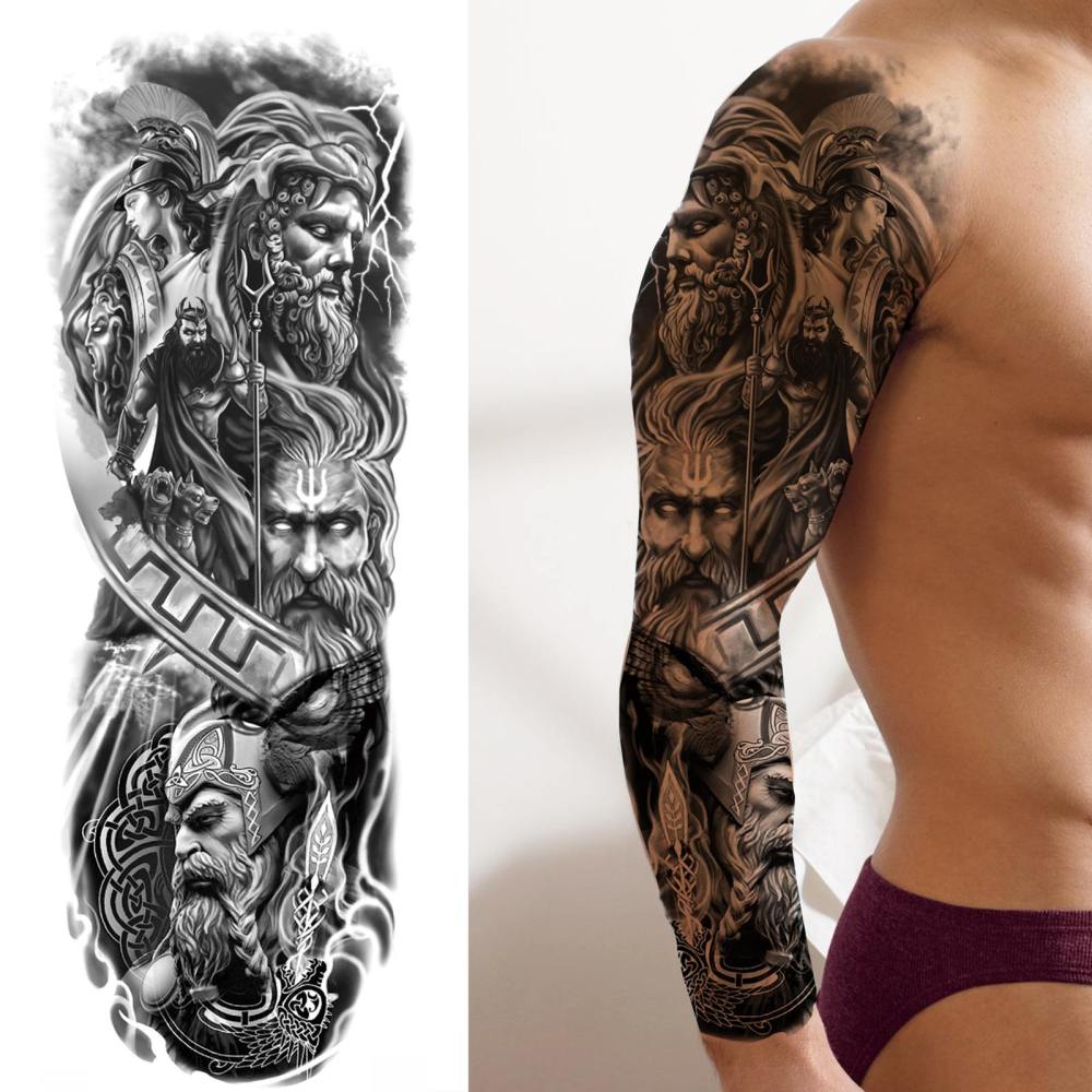 11 Sheets Full Arm Sleeve Zeus Warrior Temporary Tattoos For Women Men Adults Hands Finger Foot Legs Thigh Arm Body Art Makeup, Semi Permanent Temp Fake Tattoo Stickers Waterproof Long Lasting Realistic Tatoos For Festival Party Accessory