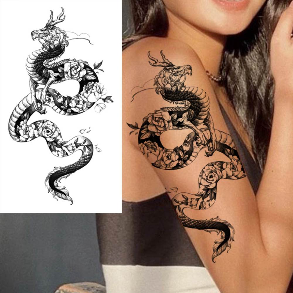 8 Sheets Dragon Temporary Tattoos For Women Men Adults Hands Finger Foot Neck Clavicle Shank Arm Body Art Makeup, Semi Permanent Temp Fake Tattoo Stickers Waterproof Long Lasting Realistic Tatoos For Festival Party Accessory