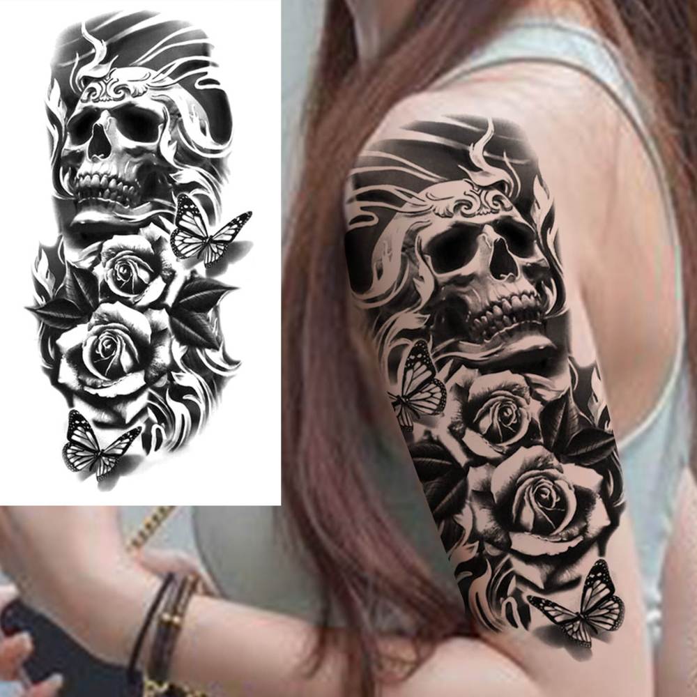 8 Sheets Skull Skeleton Temporary Tattoos For Women Men Adults Hands Finger Foot Neck Clavicle Shank Arm Body Art Makeup, Semi Permanent Temp Fake Tattoo Stickers Waterproof Long Lasting Realistic Tatoos For Festival Party Accessory