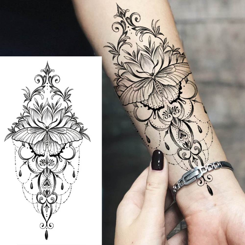 8 Sheets Henna Lotus Temporary Tattoos For Women Men Adults Hands Finger Foot Neck Clavicle Shank Arm Body Art Makeup, Semi Permanent Temp Fake Tattoo Stickers Waterproof Long Lasting Realistic Tatoos For Festival Party Accessory