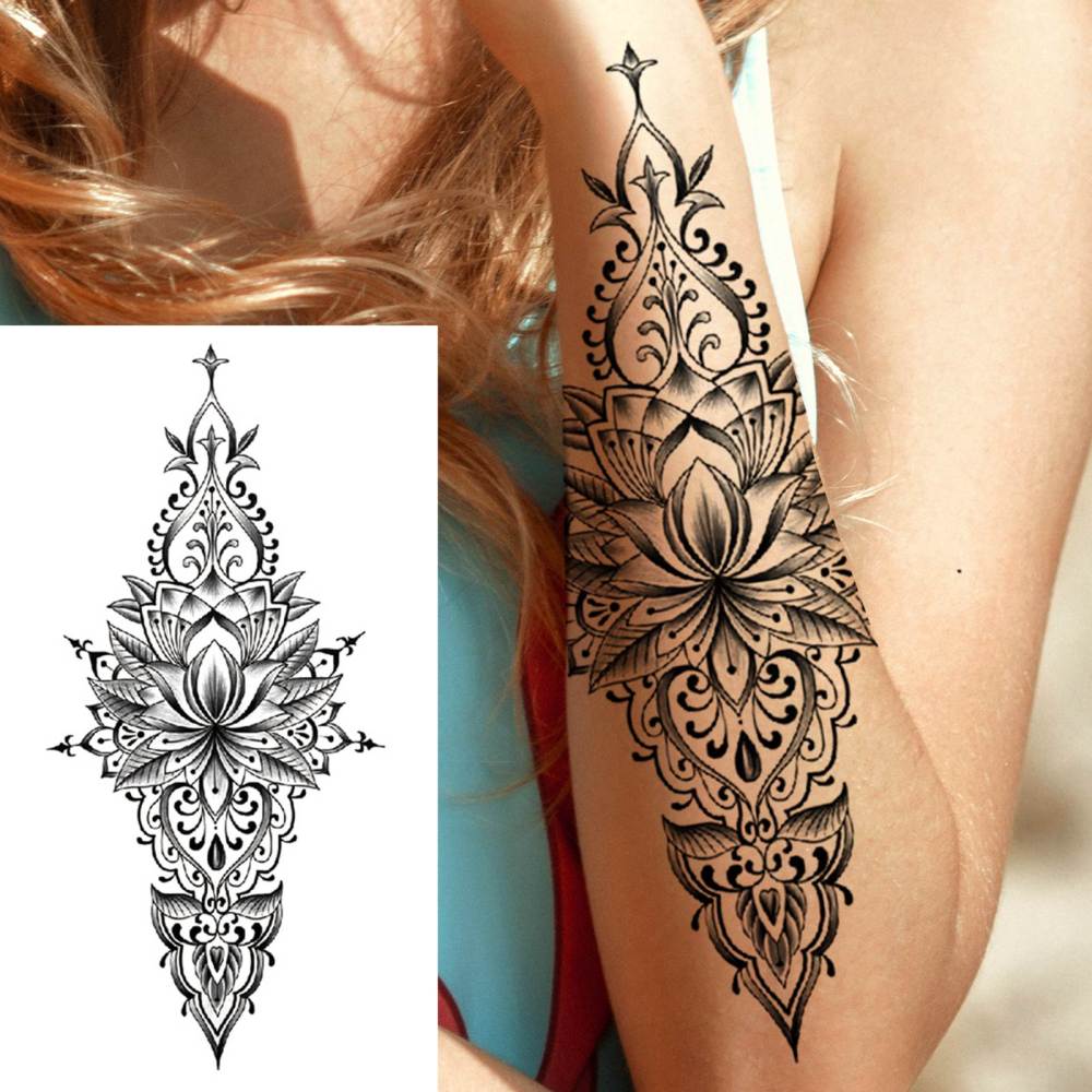 8 Sheets Henna Lotus Temporary Tattoos For Women Men Adults Hands Finger Foot Neck Clavicle Shank Arm Body Art Makeup, Semi Permanent Temp Fake Tattoo Stickers Waterproof Long Lasting Realistic Tatoos For Festival Party Accessory