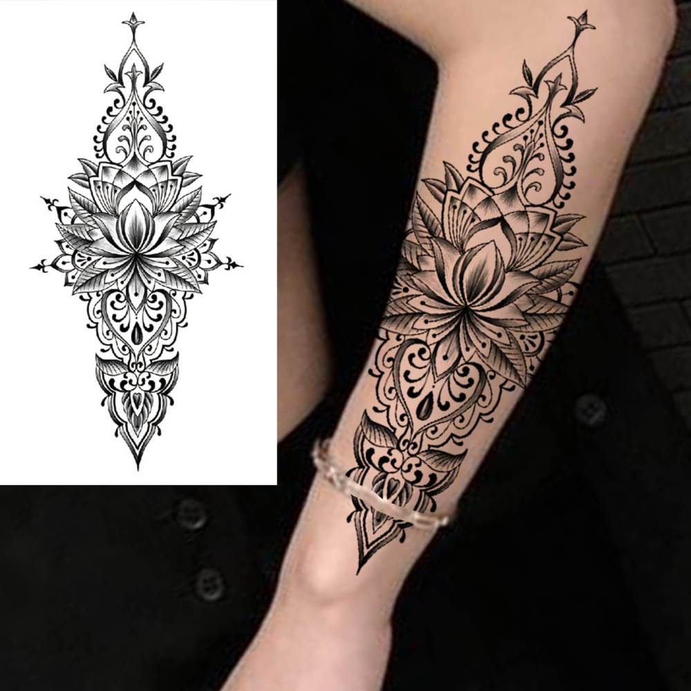 8 Sheets Henna Lotus Temporary Tattoos For Women Men Adults Hands Finger Foot Neck Clavicle Shank Arm Body Art Makeup, Semi Permanent Temp Fake Tattoo Stickers Waterproof Long Lasting Realistic Tatoos For Festival Party Accessory