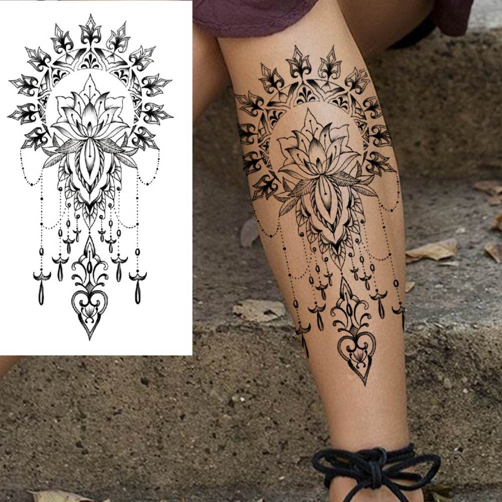 8 Sheets Henna Lotus Temporary Tattoos For Women Men Adults Hands Finger Foot Neck Clavicle Shank Arm Body Art Makeup, Semi Permanent Temp Fake Tattoo Stickers Waterproof Long Lasting Realistic Tatoos For Festival Party Accessory