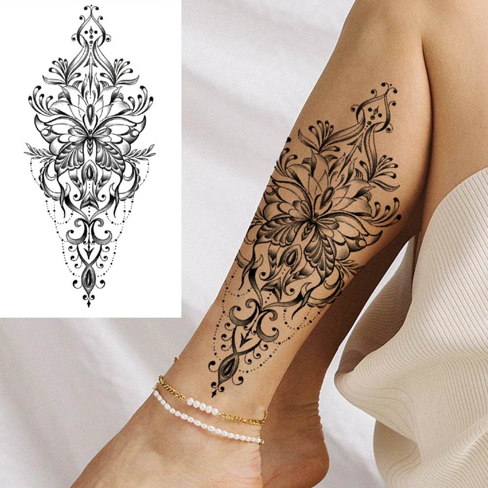 8 Sheets Henna Lotus Temporary Tattoos For Women Men Adults Hands Finger Foot Neck Clavicle Shank Arm Body Art Makeup, Semi Permanent Temp Fake Tattoo Stickers Waterproof Long Lasting Realistic Tatoos For Festival Party Accessory