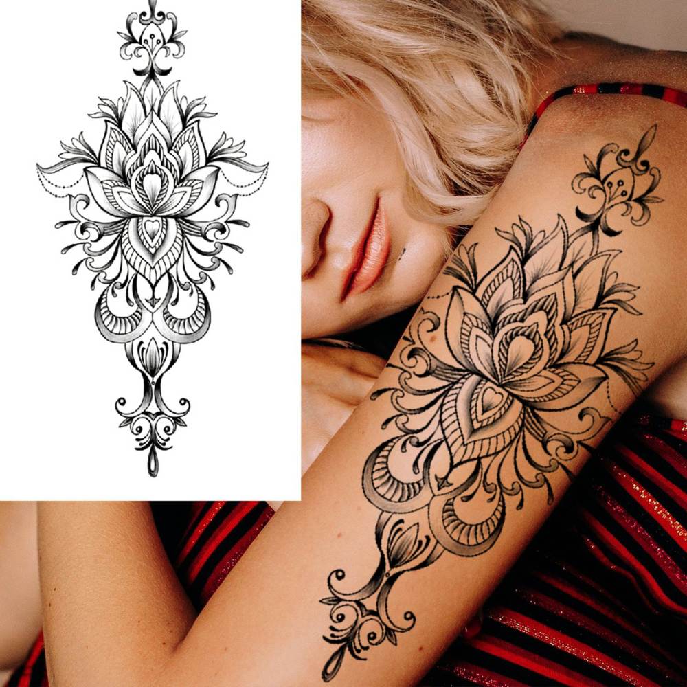 8 Sheets Henna Lotus Temporary Tattoos For Women Men Adults Hands Finger Foot Neck Clavicle Shank Arm Body Art Makeup, Semi Permanent Temp Fake Tattoo Stickers Waterproof Long Lasting Realistic Tatoos For Festival Party Accessory