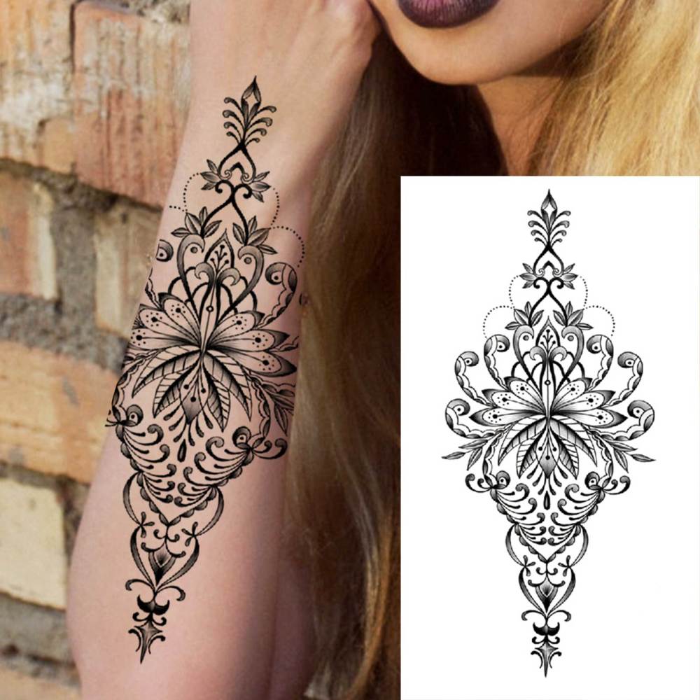 8 Sheets Henna Lotus Temporary Tattoos For Women Men Adults Hands Finger Foot Neck Clavicle Shank Arm Body Art Makeup, Semi Permanent Temp Fake Tattoo Stickers Waterproof Long Lasting Realistic Tatoos For Festival Party Accessory