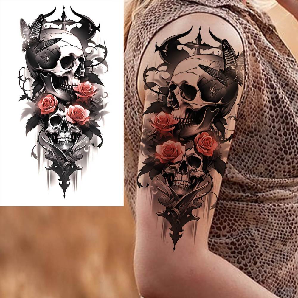 8 Sheets Skull Skeleton Temporary Tattoos For Women Men Adults Hands Finger Foot Neck Clavicle Shank Arm Body Art Makeup, Semi Permanent Temp Fake Tattoo Stickers Waterproof Long Lasting Realistic Tatoos For Festival Party Accessory