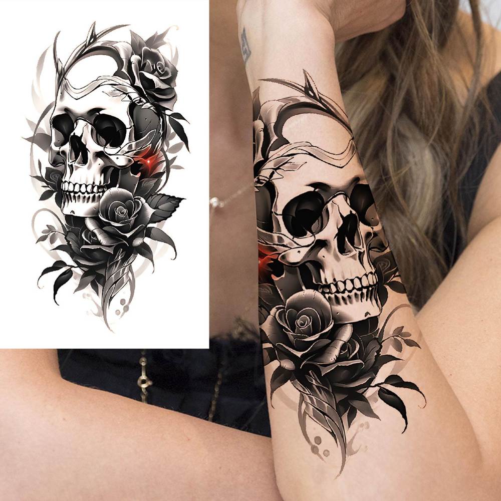 8 Sheets Skull Skeleton Temporary Tattoos For Women Men Adults Hands Finger Foot Neck Clavicle Shank Arm Body Art Makeup, Semi Permanent Temp Fake Tattoo Stickers Waterproof Long Lasting Realistic Tatoos For Festival Party Accessory