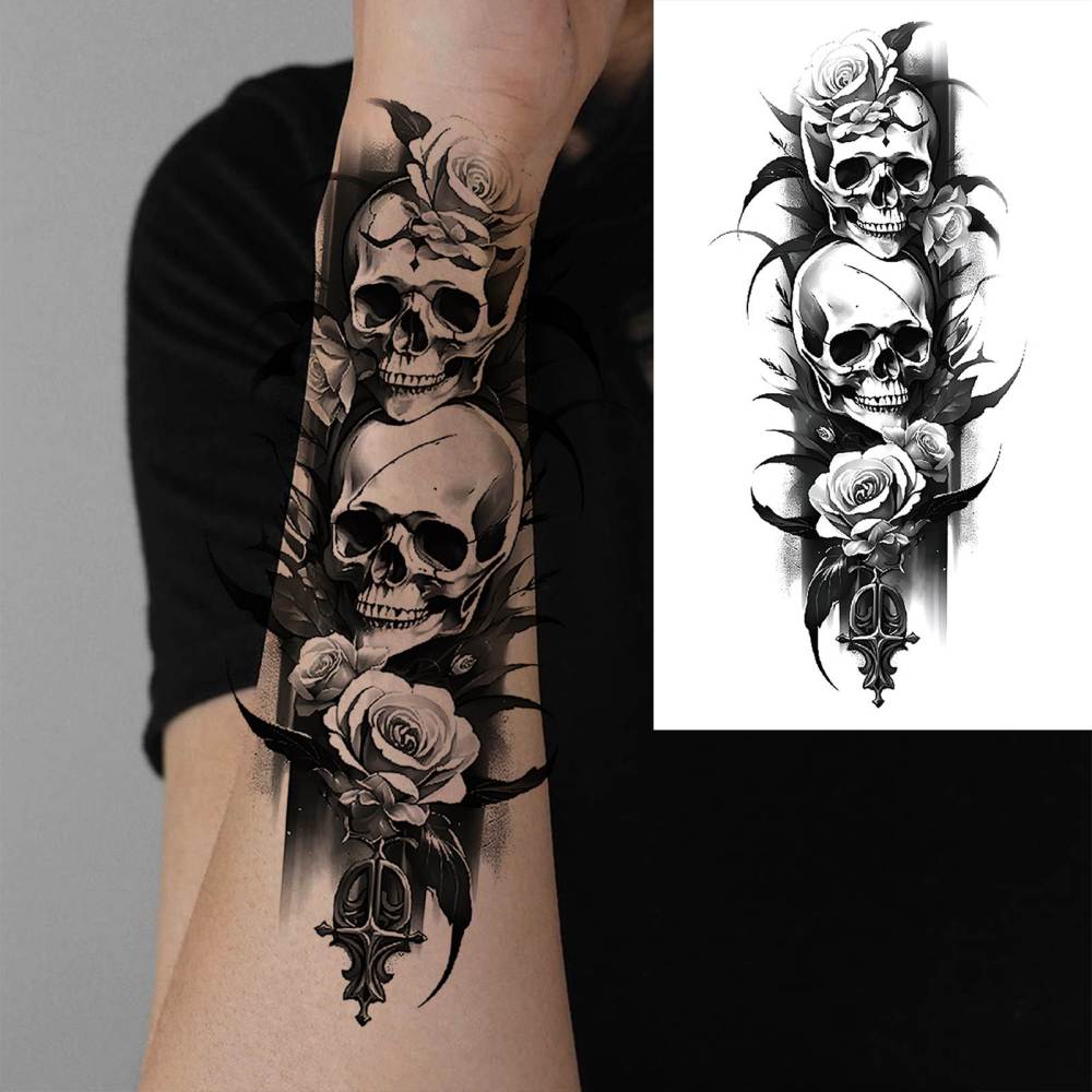 8 Sheets Skull Skeleton Temporary Tattoos For Women Men Adults Hands Finger Foot Neck Clavicle Shank Arm Body Art Makeup, Semi Permanent Temp Fake Tattoo Stickers Waterproof Long Lasting Realistic Tatoos For Festival Party Accessory