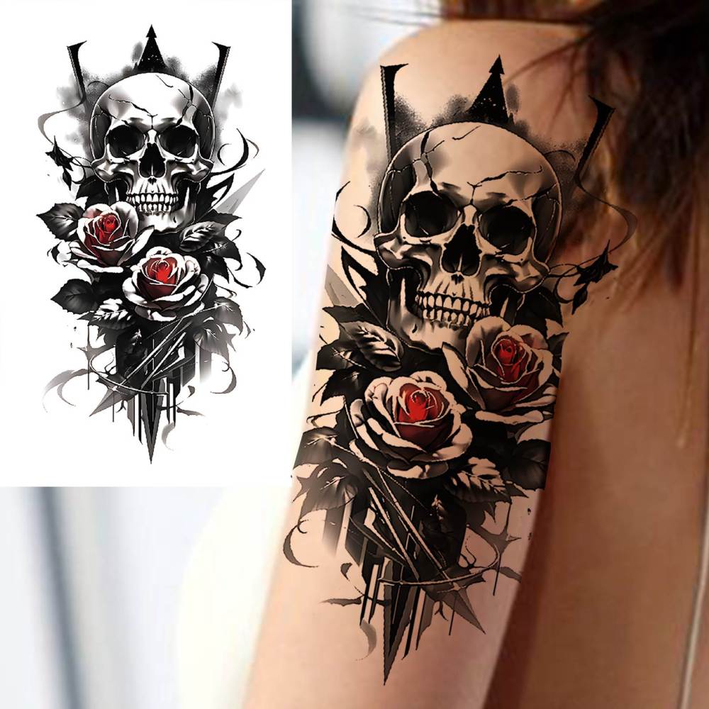 8 Sheets Skull Skeleton Temporary Tattoos For Women Men Adults Hands Finger Foot Neck Clavicle Shank Arm Body Art Makeup, Semi Permanent Temp Fake Tattoo Stickers Waterproof Long Lasting Realistic Tatoos For Festival Party Accessory