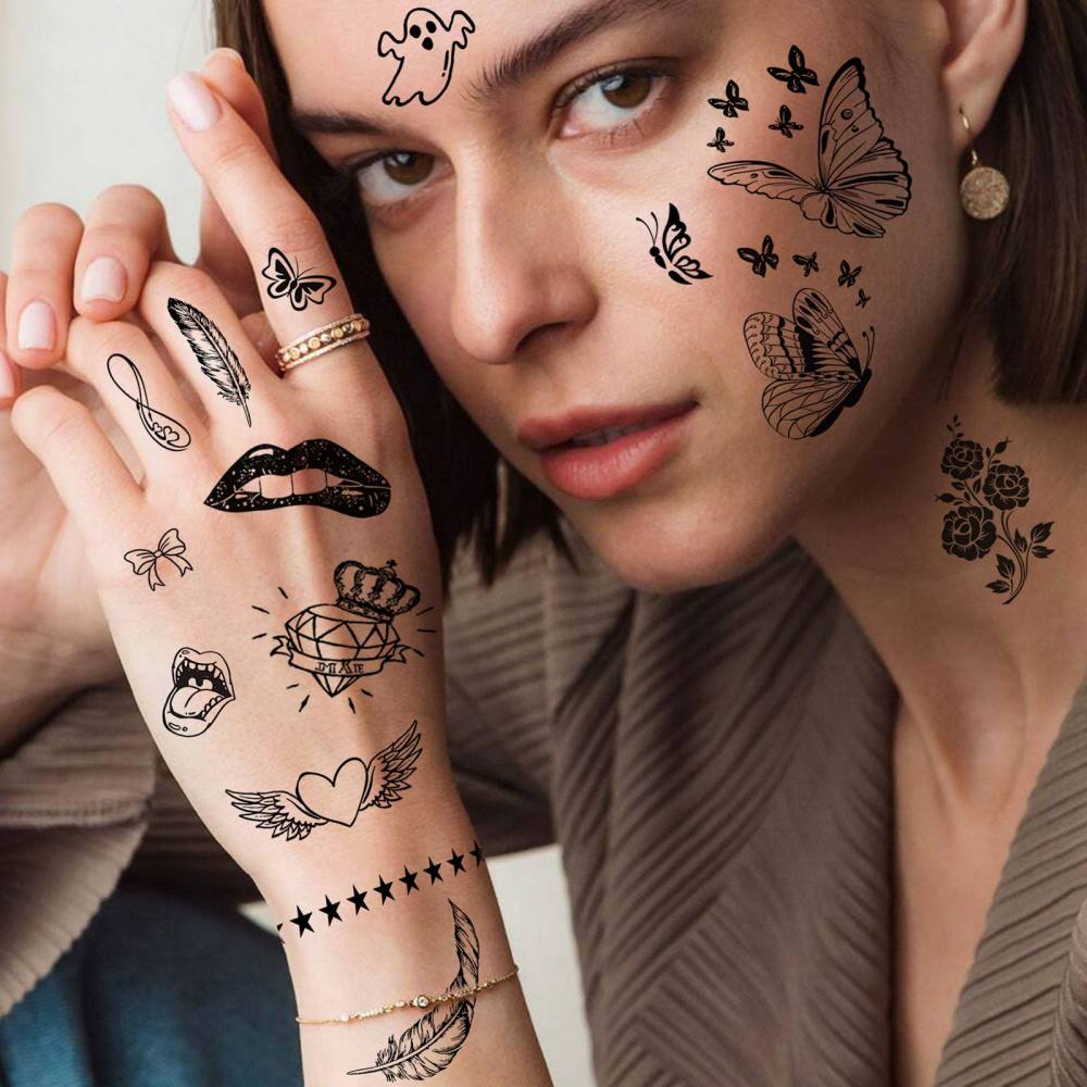 15 Sheets Y2k butterfly Temporary Tattoos For Women Men Adults Hands Finger Foot Neck Clavicle Legs Thigh Forearm Shank Arm Body Art Makeup, Semi Permanent Temp Fake Tattoo Stickers Waterproof Long Lasting Realistic Tatoos For Festival Party Accessory