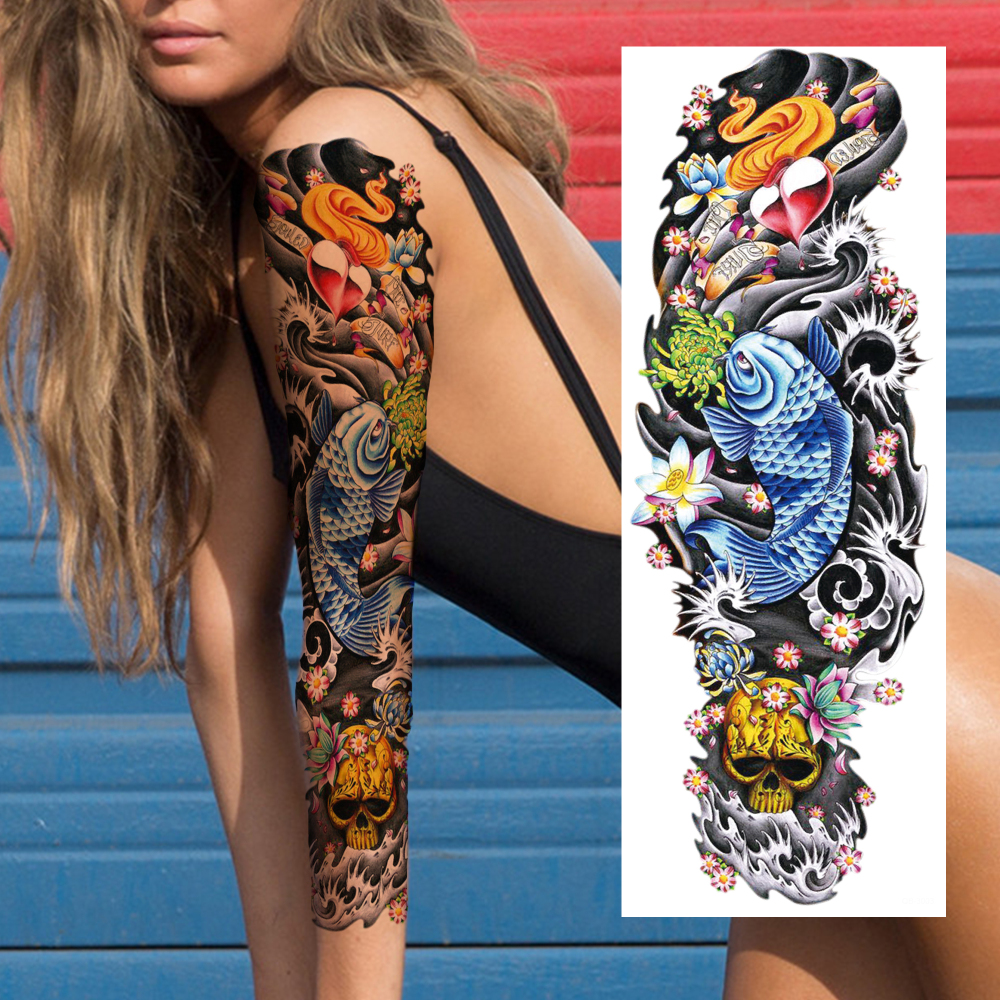 12 Sheets Old School Carp Temporary Tattoos For Women Men Adults Hands Finger Foot Neck Clavicle Legs Thigh Arm Body Art, Semi Permanent Temp Fake Tattoo Stickers Waterproof Long Lasting Realistic Tatoos For Festival Party