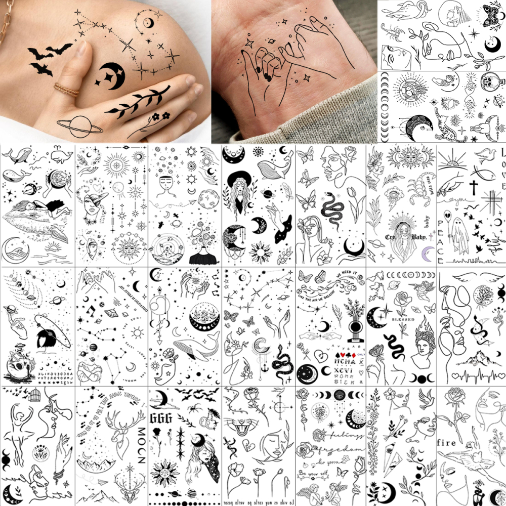 28 Sheets Y2k Abstract Minimalism Temporary Tattoos For Women Men Adults Hands Finger Foot Neck Clavicle Shank Arm Body Art Makeup, Semi Permanent Temp Fake Tattoo Stickers Waterproof Long Lasting Realistic Tatoos For Festival Party Accessory