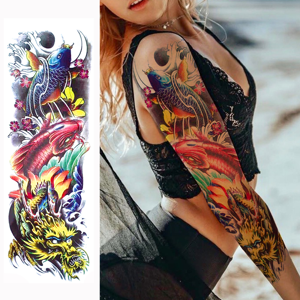 12 Sheets Old School Carp Temporary Tattoos For Women Men Adults Hands Finger Foot Neck Clavicle Legs Thigh Arm Body Art, Semi Permanent Temp Fake Tattoo Stickers Waterproof Long Lasting Realistic Tatoos For Festival Party