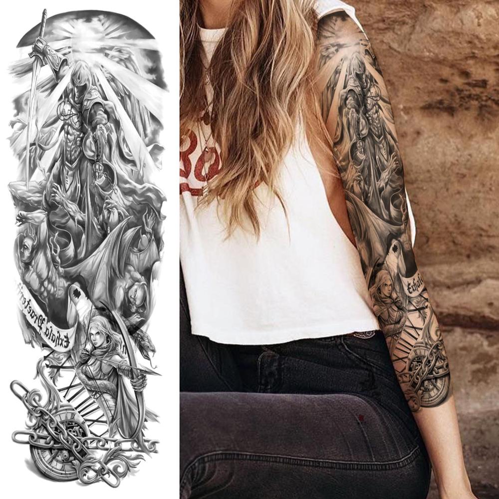 11 Sheets Full Arm Sleeve Zeus Warrior Temporary Tattoos For Women Men Adults Hands Finger Foot Legs Thigh Arm Body Art Makeup, Semi Permanent Temp Fake Tattoo Stickers Waterproof Long Lasting Realistic Tatoos For Festival Party Accessory