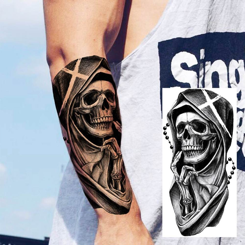 8 Sheets Skull Skeleton Halloween Temporary Tattoos For Women Men Adults Hands Finger Foot Neck Clavicle Shank Arm Body Art Makeup, Semi Permanent Temp Fake Tattoo Stickers Waterproof Long Lasting Realistic Tatoos For Festival Party Accessory
