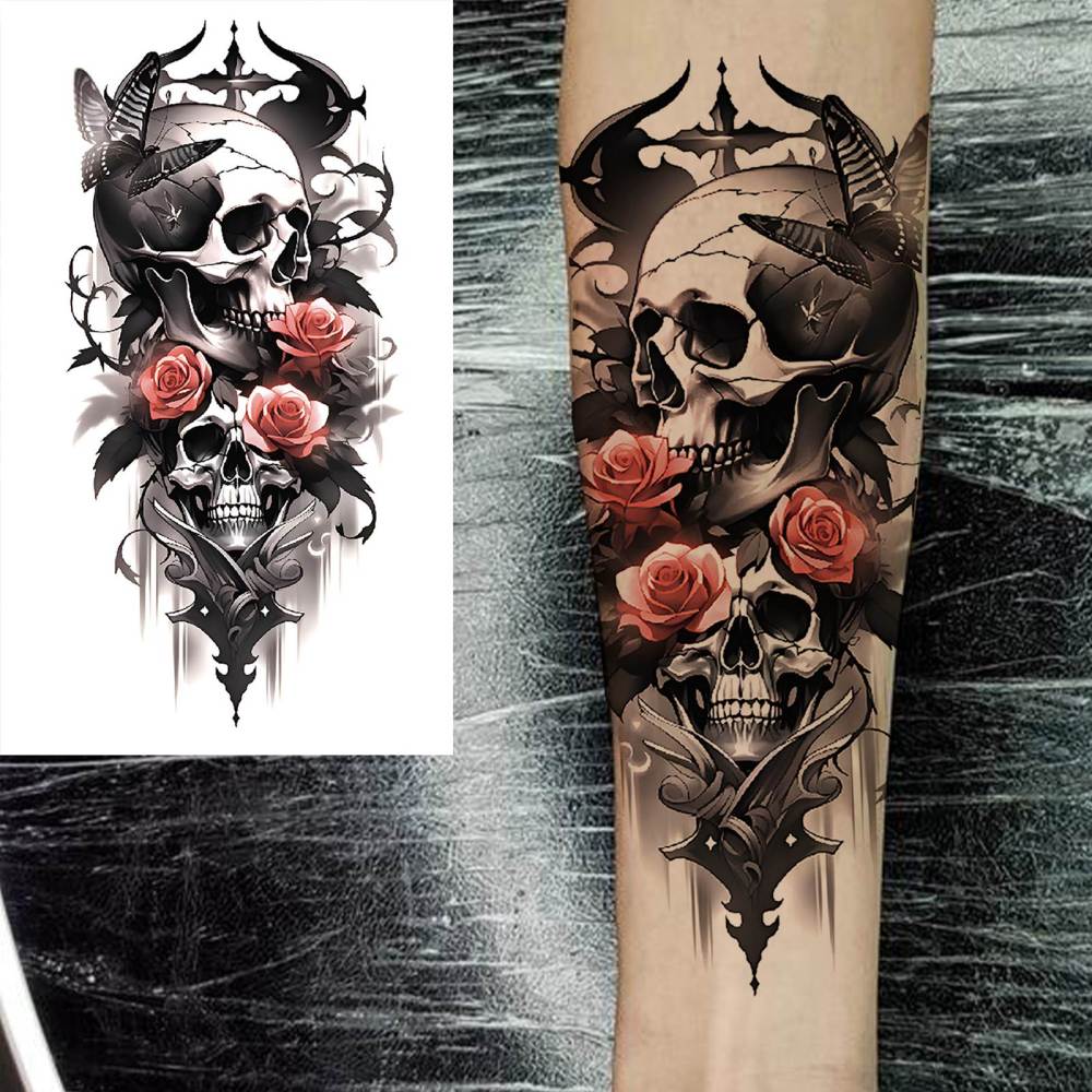 8 Sheets Skull Skeleton Temporary Tattoos For Women Men Adults Hands Finger Foot Neck Clavicle Shank Arm Body Art Makeup, Semi Permanent Temp Fake Tattoo Stickers Waterproof Long Lasting Realistic Tatoos For Festival Party Accessory