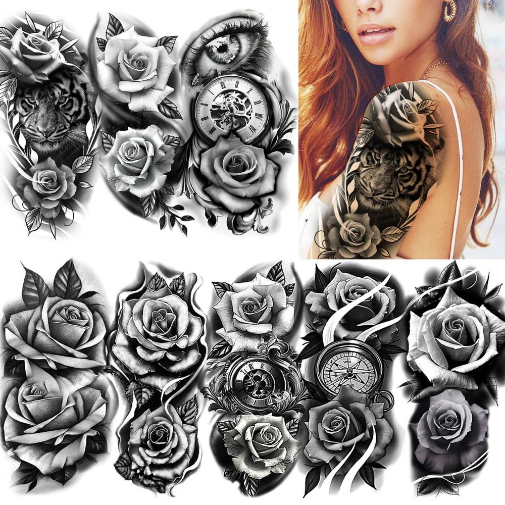 8 Sheets Flower Rose Temporary Tattoos For Women Men Adults Hands Finger Foot Neck Clavicle Shank Arm Body Art Makeup, Semi Permanent Temp Fake Tattoo Stickers Waterproof Long Lasting Realistic Tatoos For Festival Party Accessory