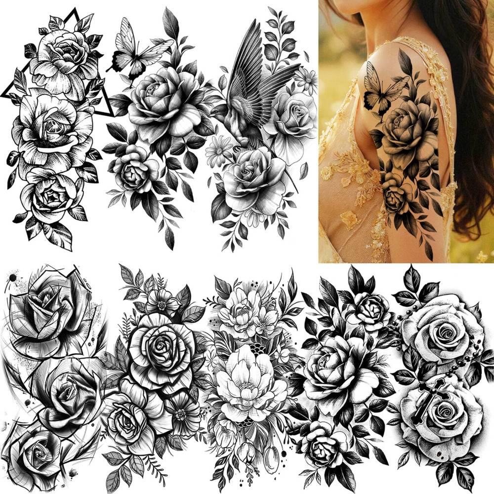 8 Sheets Flower Rose Temporary Tattoos For Women Men Adults Hands Finger Foot Neck Clavicle Shank Arm Body Art Makeup, Semi Permanent Temp Fake Tattoo Stickers Waterproof Long Lasting Realistic Tatoos For Festival Party Accessory