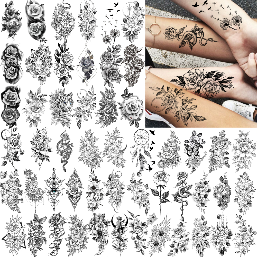52 Sheets Y2k Rose Flower Temporary Tattoos For Women Men Adults Hands Finger Foot Neck Clavicle Legs Thigh Forearm Shank Arm Body Art Makeup, Semi Permanent Temp Fake Tattoo Stickers Waterproof Long Lasting Realistic Tatoos For Festival Party Accessory