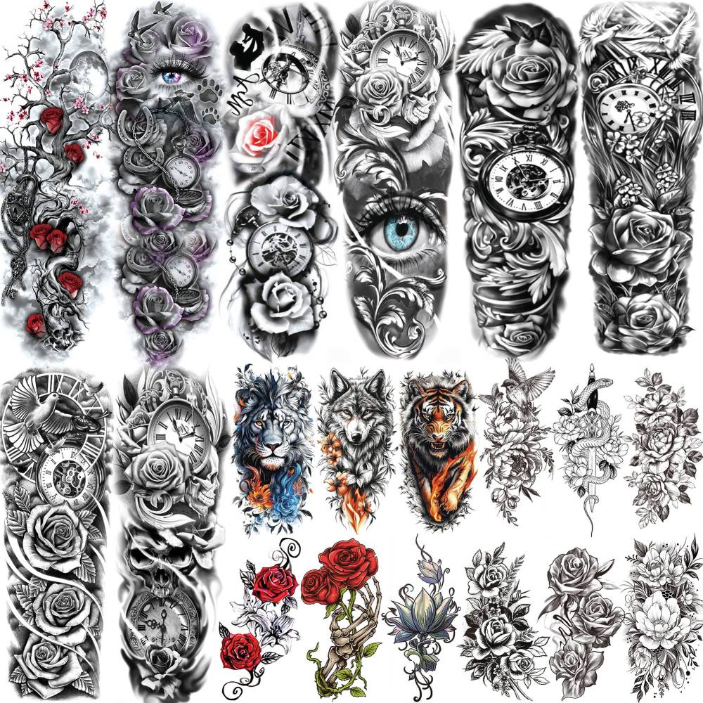 8 Sheets Full Arm Flower Rose Temporary Tattoos For Women Men Adults Hands Finger Foot Neck Clavicle Legs Thigh Arm Body Art Makeup, Semi Permanent Temp Fake Tattoo Stickers Waterproof Long Lasting Realistic Tatoos For Festival Party Accessory