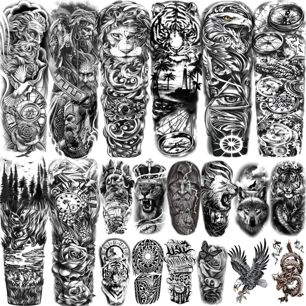 20 Sheets Full Arm Zeus Temporary Tattoos For Women Men Adults Hands Finger Foot Neck Clavicle Legs Thigh Arm Body Art Makeup, Semi Permanent Temp Fake Tattoo Stickers Waterproof Long Lasting Realistic Tatoos For Festival Party Accessory