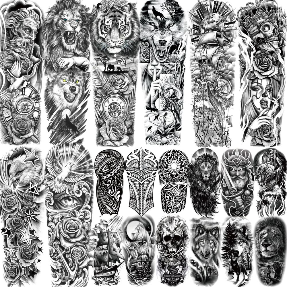 20 Sheets Full Arm Sleeve Wolf Temporary Tattoos For Women Men Adults Hands Finger Foot Neck Clavicle Legs Thigh Arm Body Art Makeup, Semi Permanent Temp Fake Tattoo Stickers Waterproof Long Lasting Realistic Tatoos For Festival Party Accessory