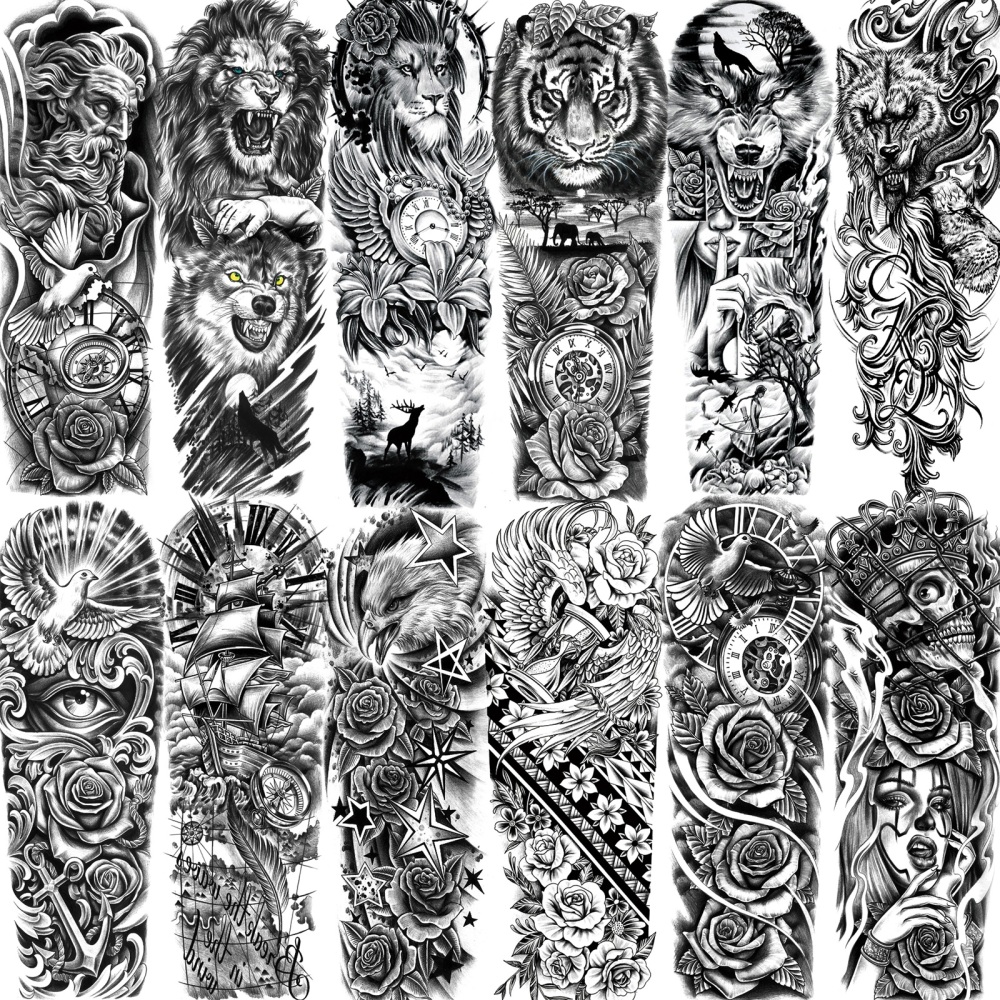 12 Sheets Full Arm Sleeve Animals Temporary Tattoos For Women Men Adults Hands Finger Foot Neck Clavicle Legs Thigh Arm Body Art Makeup, Semi Permanent Temp Fake Tattoo Stickers Waterproof Long Lasting Realistic Tatoos For Festival Party Accessory